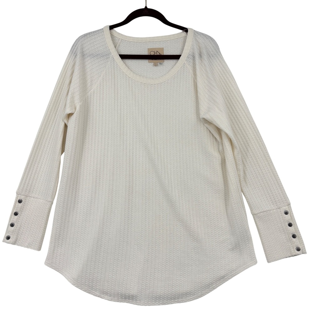 Chaser Waffle Knit Thermal Top Women XL Cream Button Cuff Raglan Long Sleeve